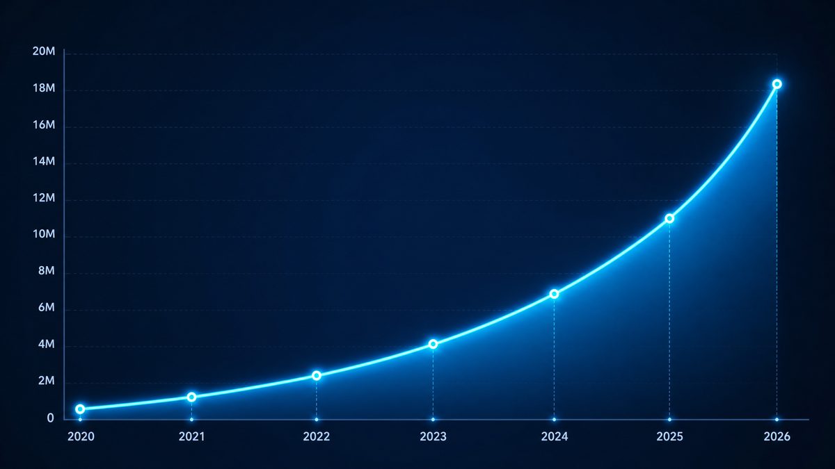 91次元网页浏览器用户增长数据图表,展示2020-2026年注册用户从50万增长至1800万的趋势